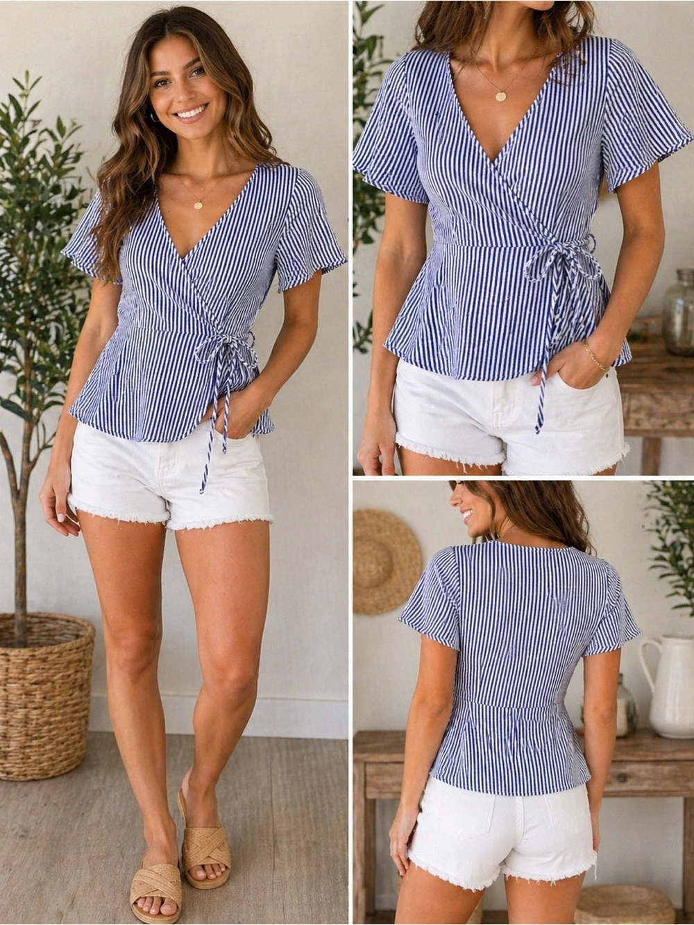 Caution to the Wind Blue White Stripe Wrap Top Small Peplum Beachy Summer - Picture 1 of 6